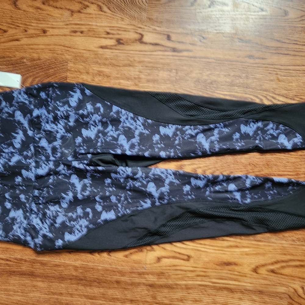 New Lane Bryany 7/8 Black and Blue Floral Leggings Wicking Mesh Insert Size 14 1